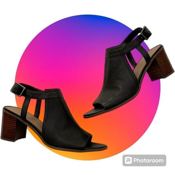 Franco Sarto Open Toe Mandi Block Heels Black Leather Shoes Women's 9.5 M - Picture 3 of 16